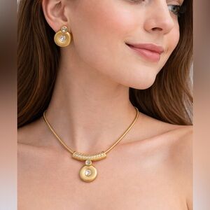 Gold Tone Crystal Necklace & Clip On Earrings Set Rhinestone Pendant